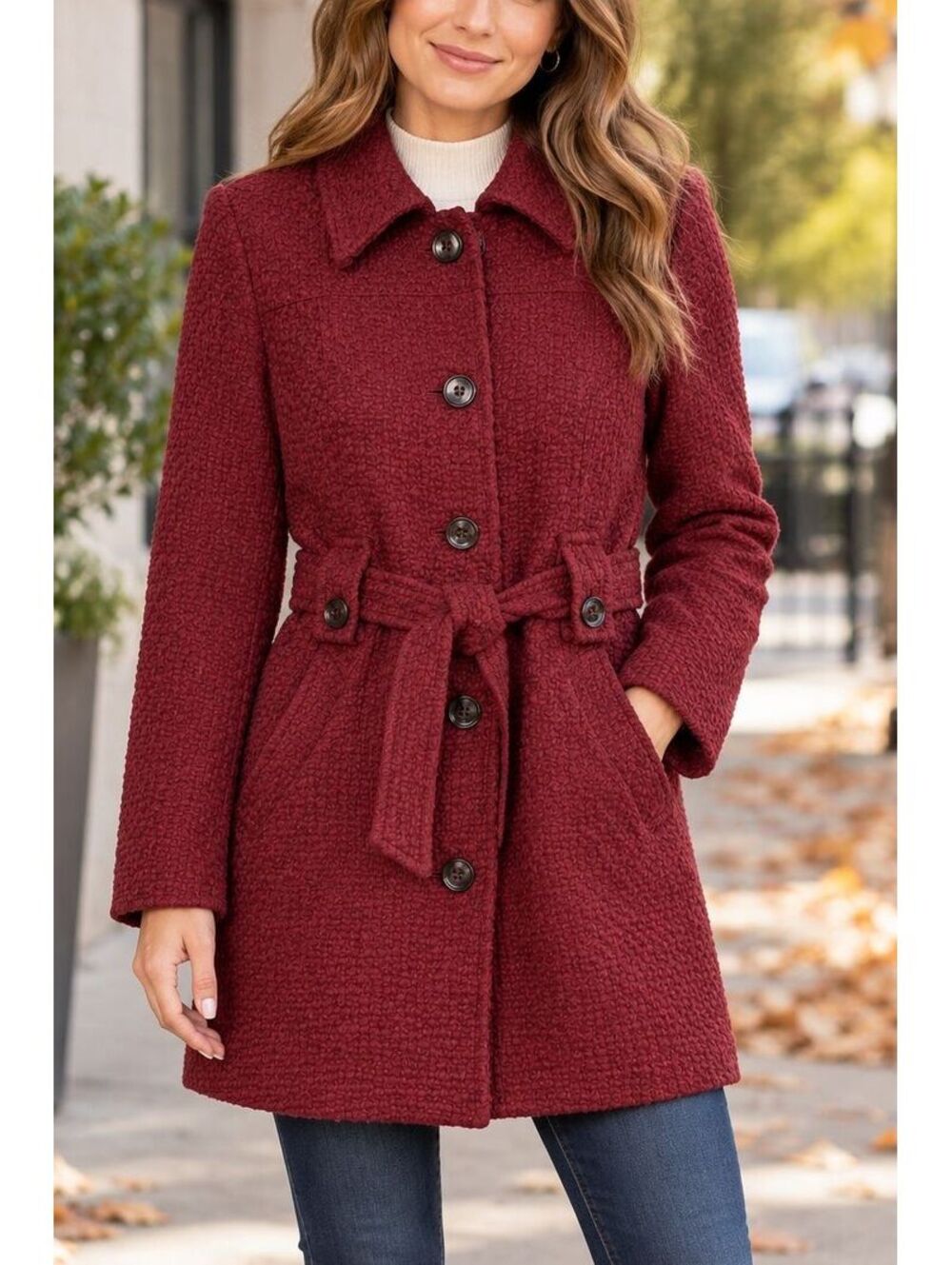 Vintage Liz Claiborne Burgundy Oxblood Wool Blend Belted Coat 90s Y2K